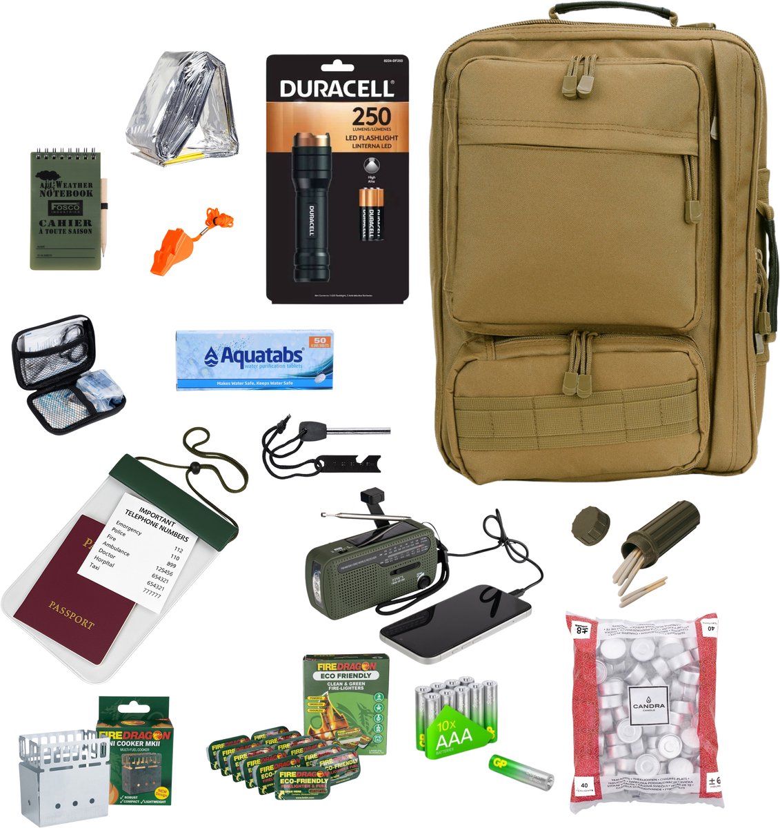 Noodpakket Standaard, Samengesteld met noodzakelijke items voor noodgevallen 15 -delig in een overzichtelijke tas met essentiële benodigdheden.