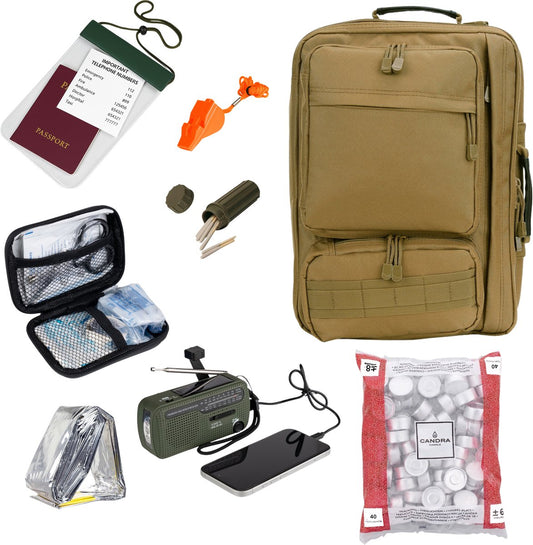 Noodpakket Noodzakelijk Zelfredzaamheid met alleen de meest essentiële items 8 -delig met survivaluitrusting en accessoires.