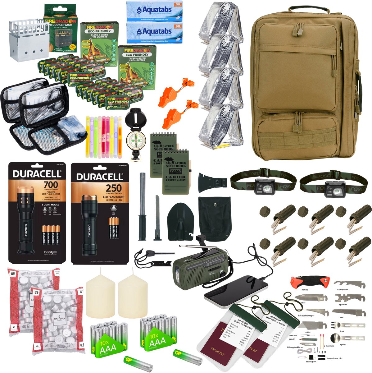 Kit de survie complet pour 2 personnes, autonomie de 72 heures, 39 pièces