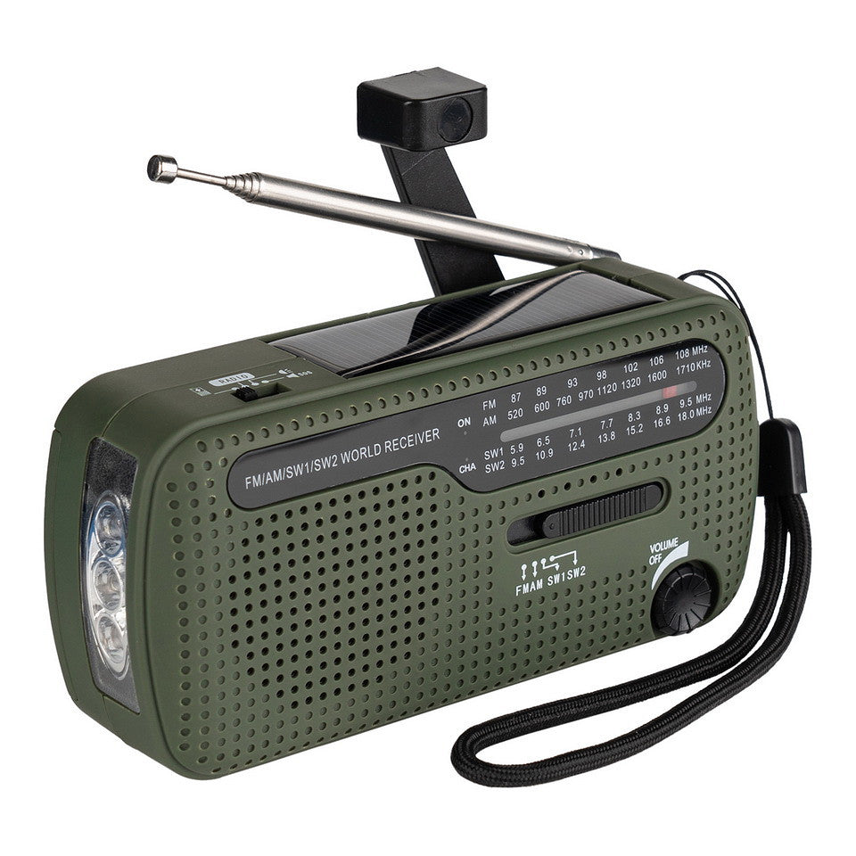 Fosco Alles in een Survival Radio SW1/SW2/FM/AM met zonne-energie, ledlamp en handdynamo voor noodsituaties.