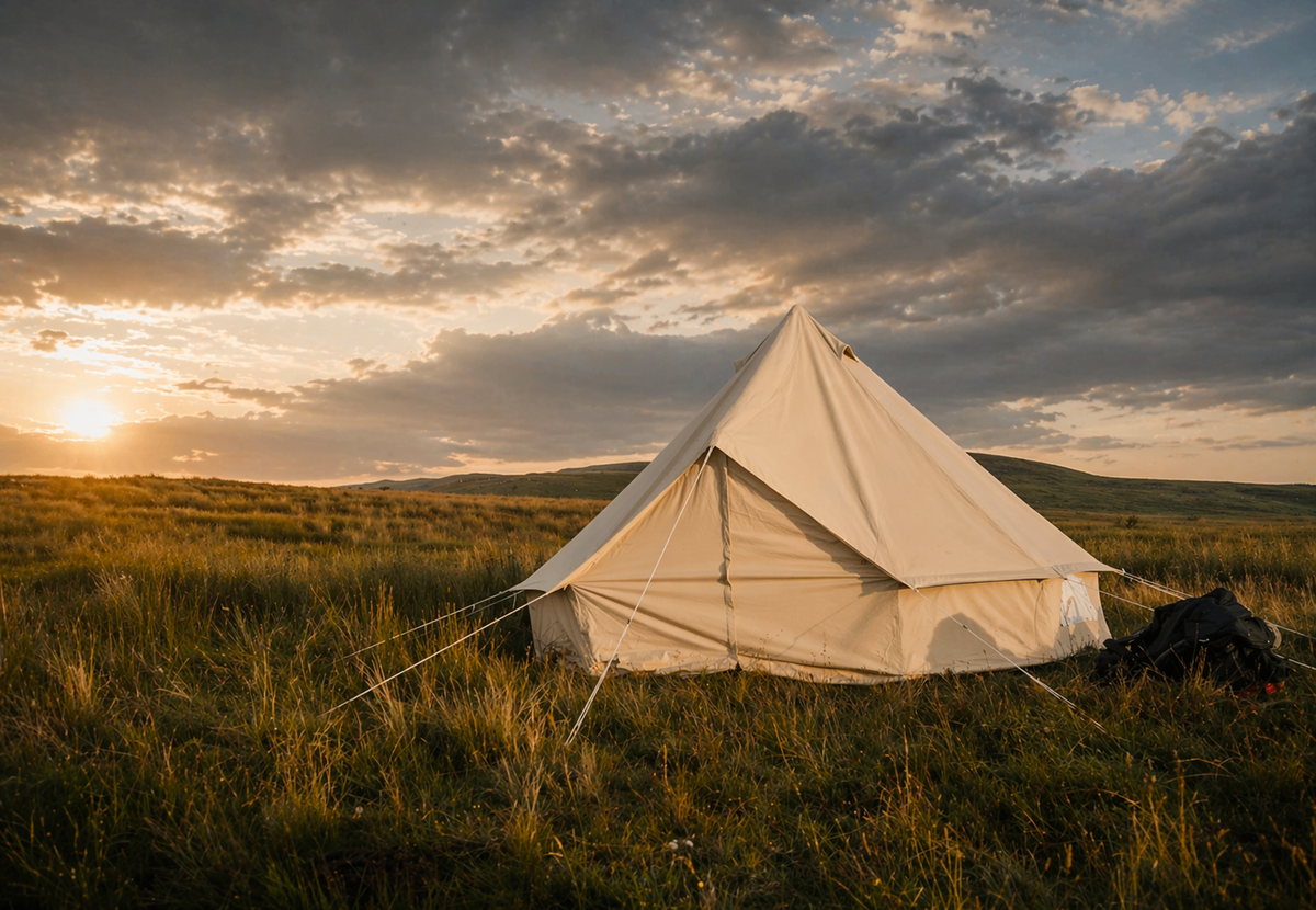 Beige Bell Tent 400 staat opgezet in een uitgestrekt grasveld tijdens zonsondergang, omringd door hoge, goudkleurige grassen en zachte heuvels op de achtergrond, met een rugzak naast de tent en een dramatische lucht vol wolken erboven.