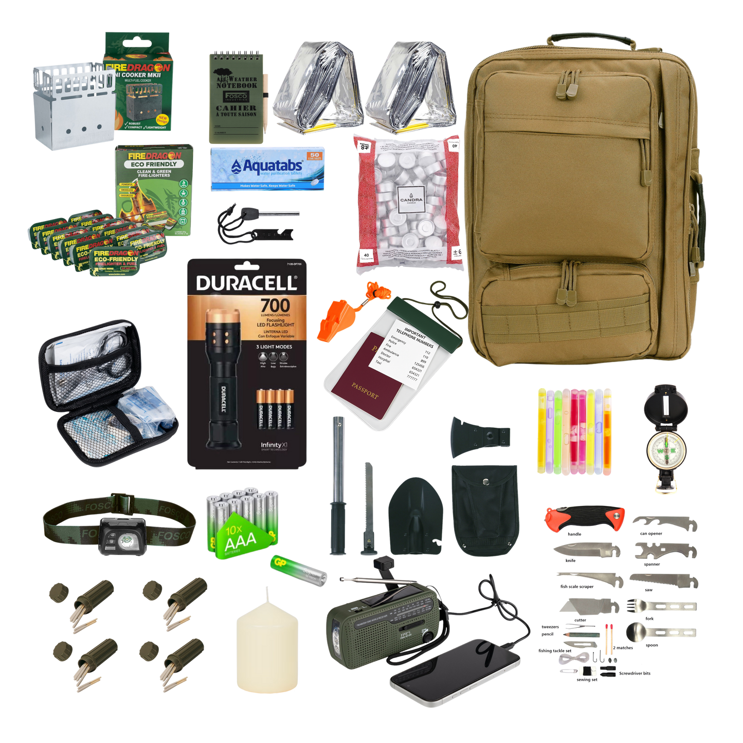 Noodpakket Premium 1 Persoon volgens Overheidsadvies met noodbenodigdheden en uitrusting voor 72 uur zelfredzaamheid