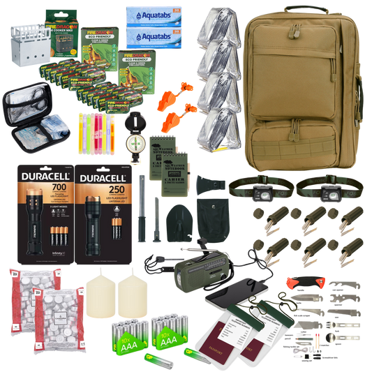 Compleet Noodpakket 2 Personen voor 72 Uur Voorbereiding met huisraad en benodigde overlevingspakketten.