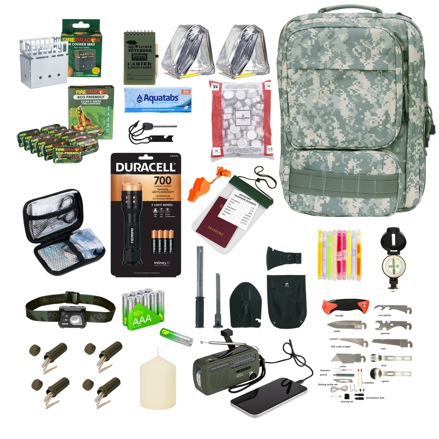 Kit d'urgence Premium 1 personne (25 pièces) selon les recommandations gouvernementales