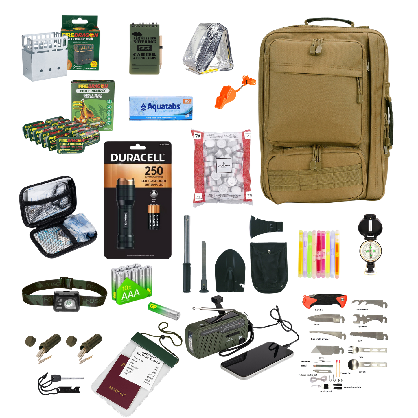 Noodpakket 1 Persoon Compleet volgens Overheidsadvies met diverse overlevingsitems en een stevige rugzak.