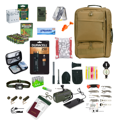 Noodpakket 1 Persoon Compleet volgens Overheidsadvies met diverse overlevingsitems en een stevige rugzak.