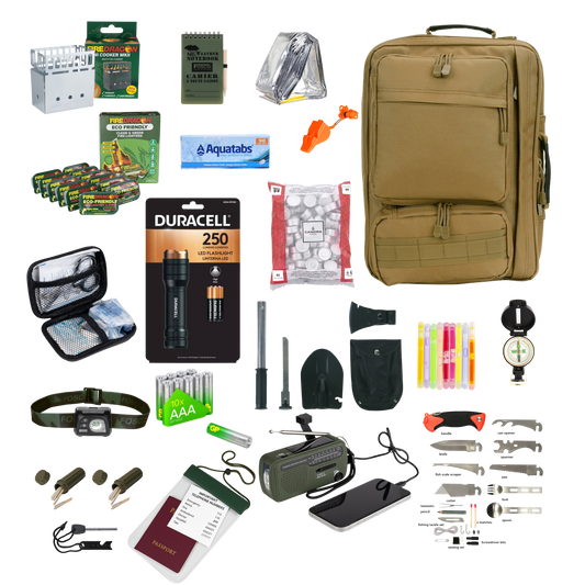 Noodpakket 1 Persoon Compleet volgens Overheidsadvies met diverse overlevingsitems en een stevige rugzak.
