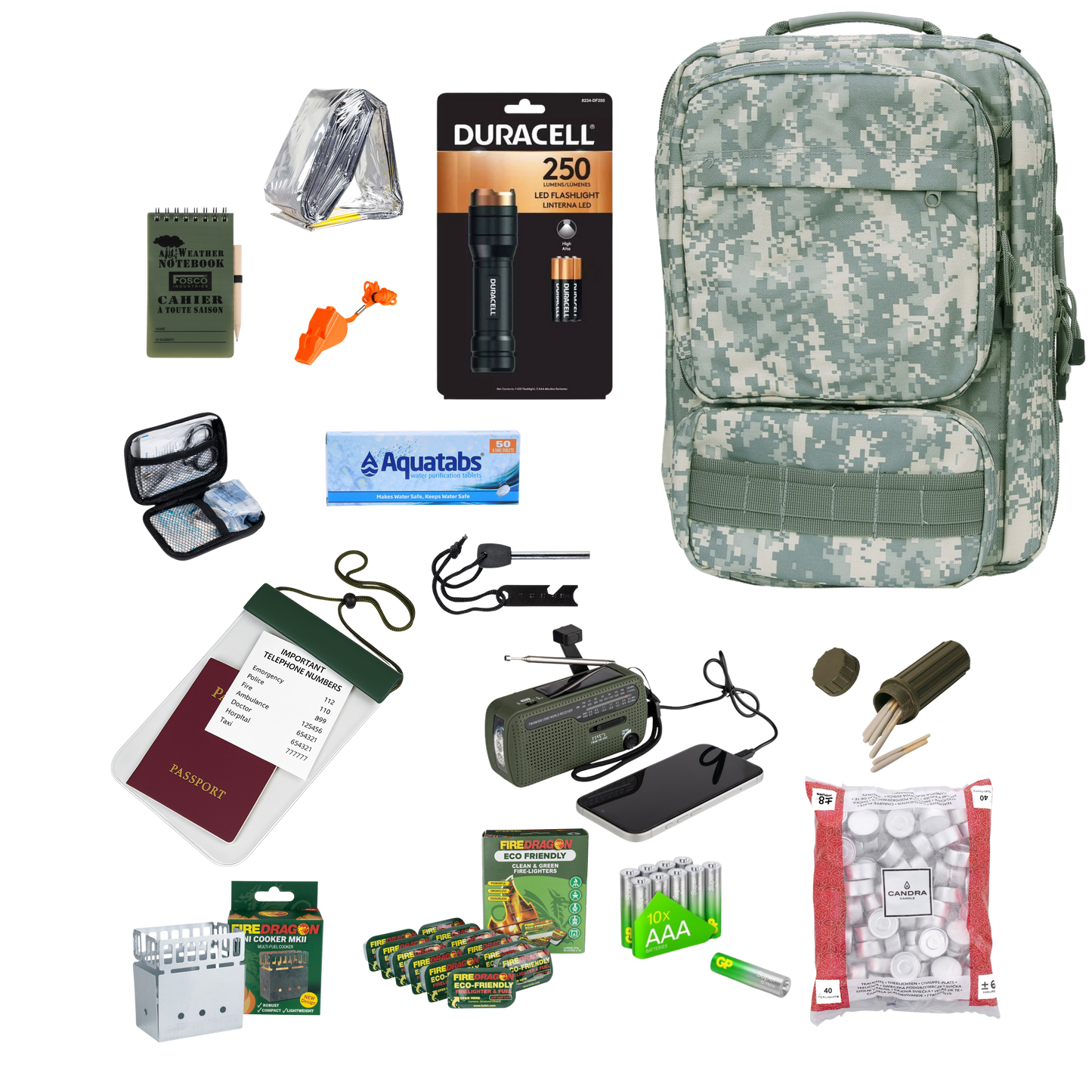 Noodpakket Standaard, Samengesteld met noodzakelijke items voor noodgevallen 15 -delig, inhoud van essentiële benodigdheden.