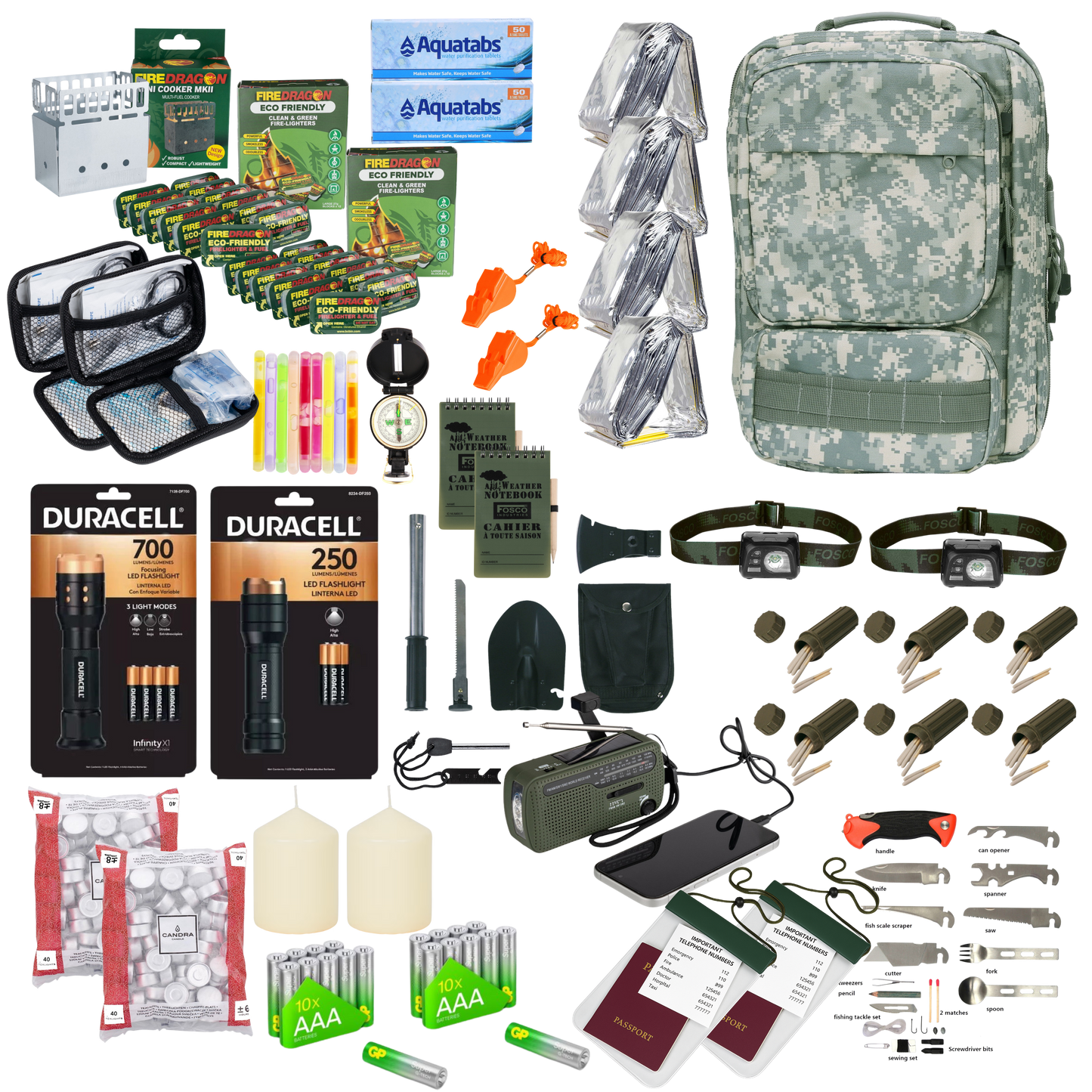 Kit de survie complet pour 2 personnes, autonomie de 72 heures, 39 pièces